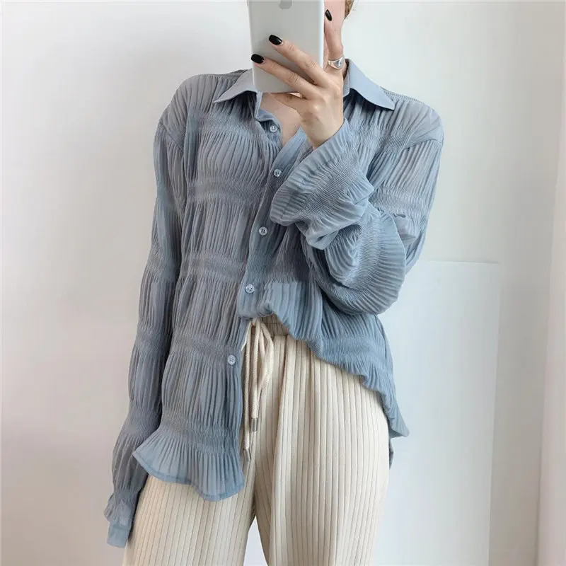 Alien Kitty Korea Casual Folds Alternate Elegant Regular New Design Loose Slender Full Sleeves Free High Street Shirts - Цвет: BLUE