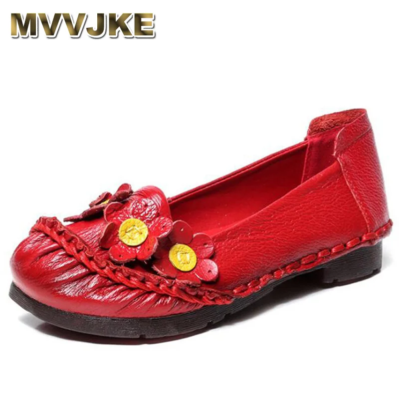 

MVVJKE Genuine Leather Flat Shoes Real Leather Handmade Flats Loafers Female Solid Comfortable Casual Flower Women Shoes E015