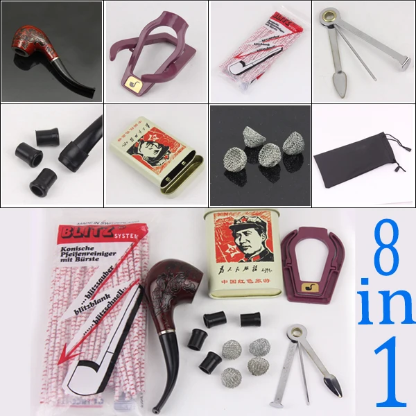 

FIREDOG 8-in-1 Classic Wooden Cigar Cigarette Smoking Pipe + Cool Tobacco Case Box Tin + Tobacco Pipe Cleaning Tool