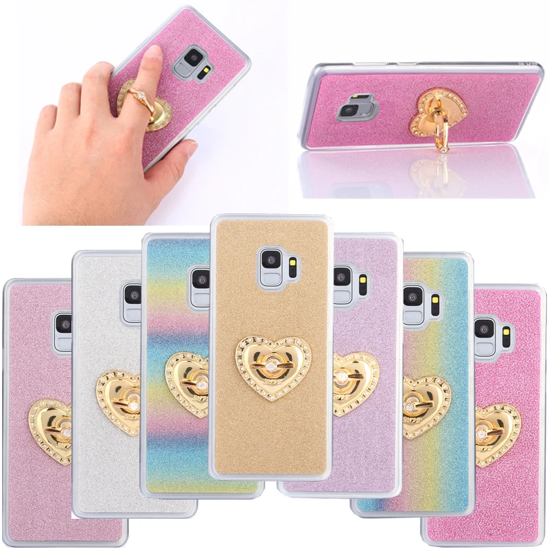 

For Samsung Galaxy S9 S 9 Case Heart-shaped Pattern Ring Holder Stand Luxury Glitter Cover Case For Samsung Galaxy S9 Plus S9+