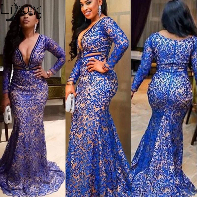 

Plus Size Mermaid Prom Dresses Deep V Neck Sweep Train Long Sleeve Lace Evening Dress Aso Ebi Africa Formal Party Wear Royal Blu