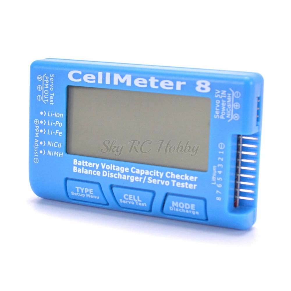 

Battery Capacity Checker Servo Tester RC CellMeter 8 with LED Backlight for 2-8S LiPo LiFe Li-ion NiMH Nicd