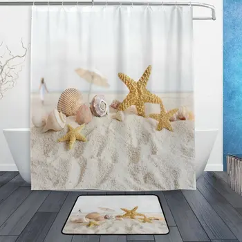 

Ocean Beach Sea Theme Shower Curtain and Mat Set, Starfish Seashell Waterproof Fabric Bathroom Curtain Modern