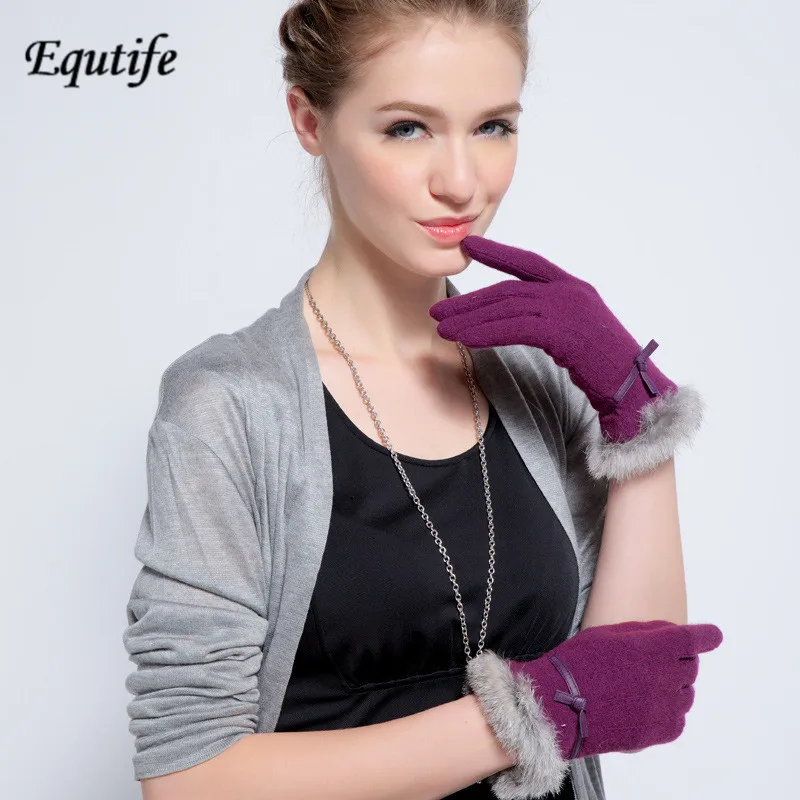 Equtife Fashion Women Gloves Winter Warm Guantes Female Wool Rabbit