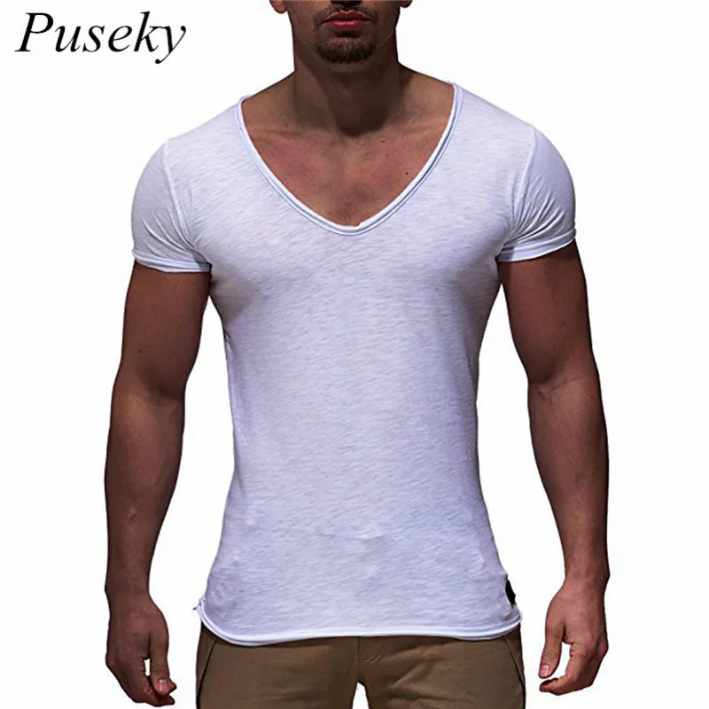 

Puseky 2018 Hot Sale Mens V neck Short Sleeve T Shirt Tops Solid White Black Gray Slim Fit Muscle Casual Tee Top Men Clothes