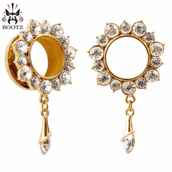 

KUBOOZ Ear Piercings Crystal Dangle Tunnel Plug Stainless Steel Gold Body Jewelry Expander Screw Fashion Stud Earrings 2PCS/Lot