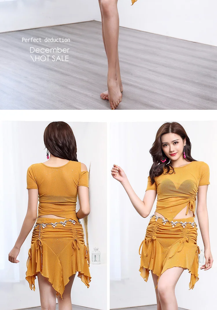 Новый комплект одежды для танца живота для девочек, Женская юбка для танца живота, сексуальный топ и юбка, комплект из 2 предметов, S1107 + Q3210