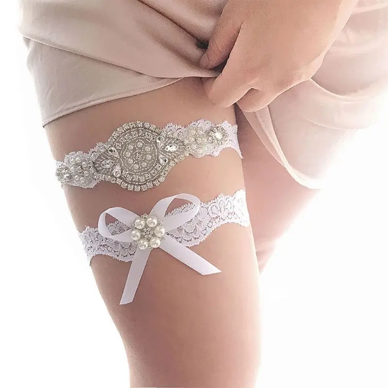 

Women Wedding Bridal Floral Thigh Rings Elastic Leg Garters Rhinestone Faux Pearl Bowknot Beaded Glitter Prom Party