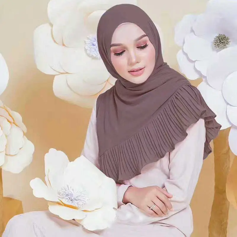 

Women Ethnic Oversize Crinkle Chiffon Hijab Muslim Head Scarf Solid Color Pleated Ruffled Trim Shawls Islamic Head Wrap Headband