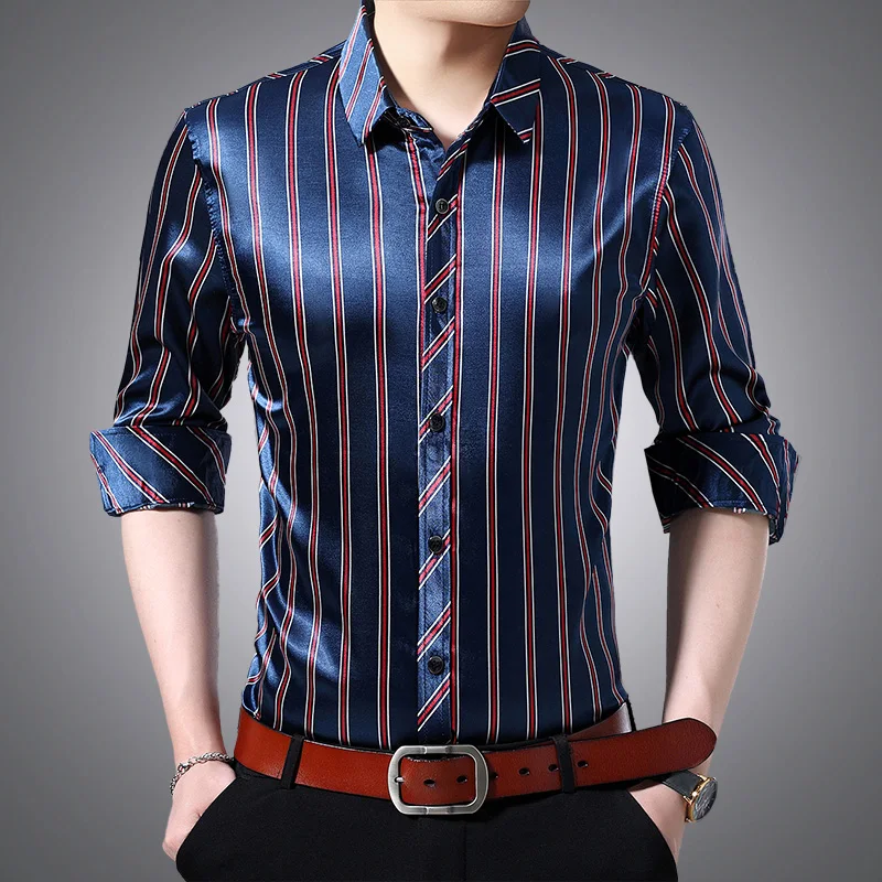 Men Summer Thin Silk Shirt Men Business Casual Shirts Stripe Long Sleeve Print Shirt Cool and breathable