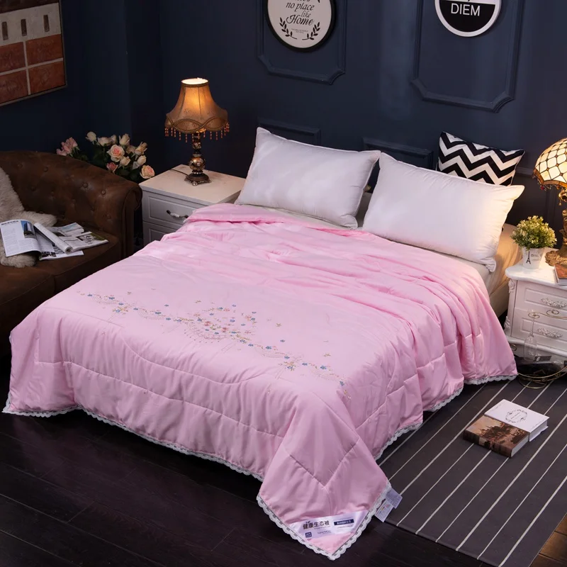 

Pink Blue Tencel Quilt Flower Embroidered Summer Blankets Lace Edge 200*230cm for Double Size Bed