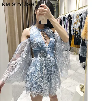 

Australian fashion alice 2019 summer holiday Lady's playsuits mesh gauze flare sleeves off-the-shoulder lace embroidery jumpsuit