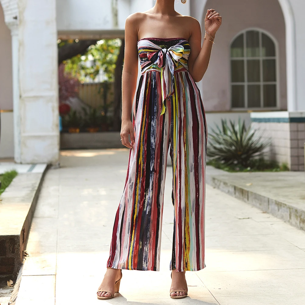 

Sexy Women Jumpsuits Casual Off Shoulder Printed Club Long Wide Leg Pants Summer Jumpsuit Striped Bandage Bow Elastic Bodysuit
