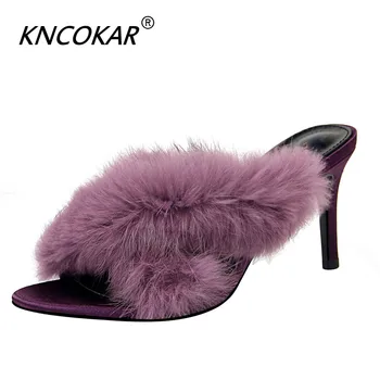 

KNCOKAR New Fashion Elegant Shoes Fine With High Heels Rabbit Cross Dewy Toe Banquet Plush Slippers d090