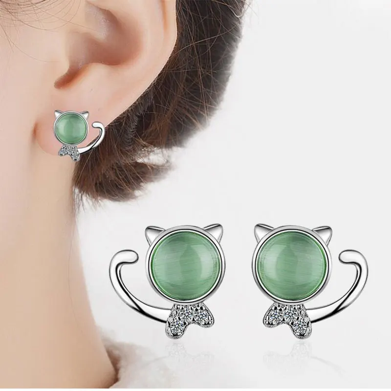 Anenjery, 925 пробы, серебряные серьги для женщин, подарок для девушек, милый опал, кот, серьги-гвоздики, pendientes oorbellen, S-E494