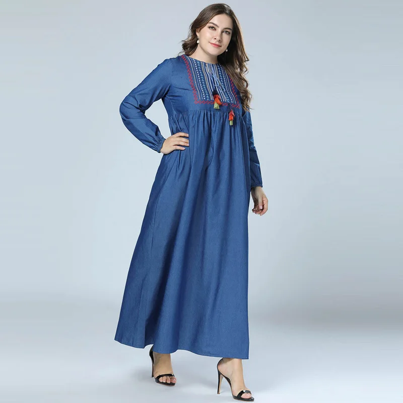 2018 New Autumn Embroidery Denim Fabric Abaya Muslim Jean Dress Moroccan dubai Kaftan islamic clothing Plus Size Blue Vestidos