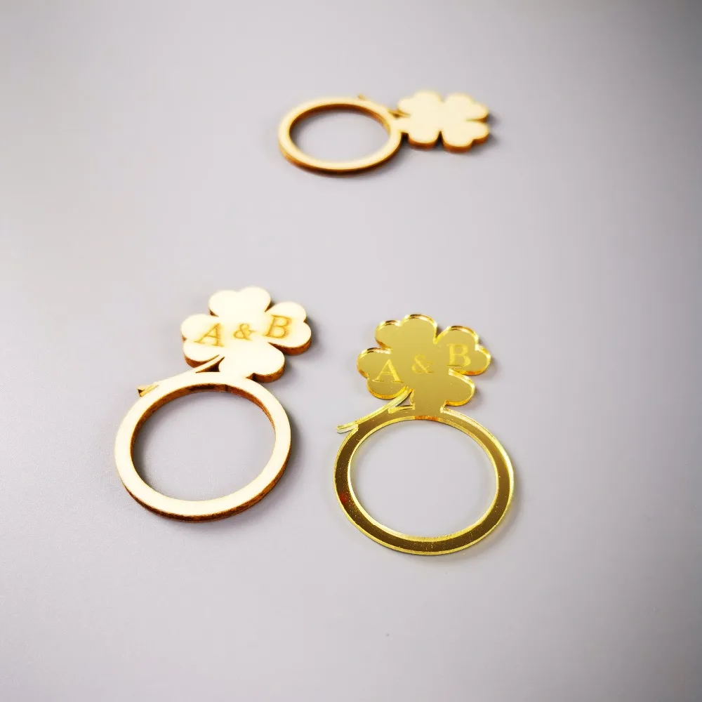 Personalized Wedding table Decor Four-leaf clover with Initials Napkin Ring ,Custom Wedding color woodAcrylic Cut napkin ring (6)