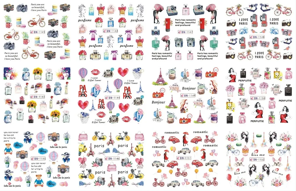 12 Designs/Set Water Decals Nail Slider Flora/ Cartoon/ Geometric Watermark Nail Sticker Decoration Wraps Manicure BN1117-1212