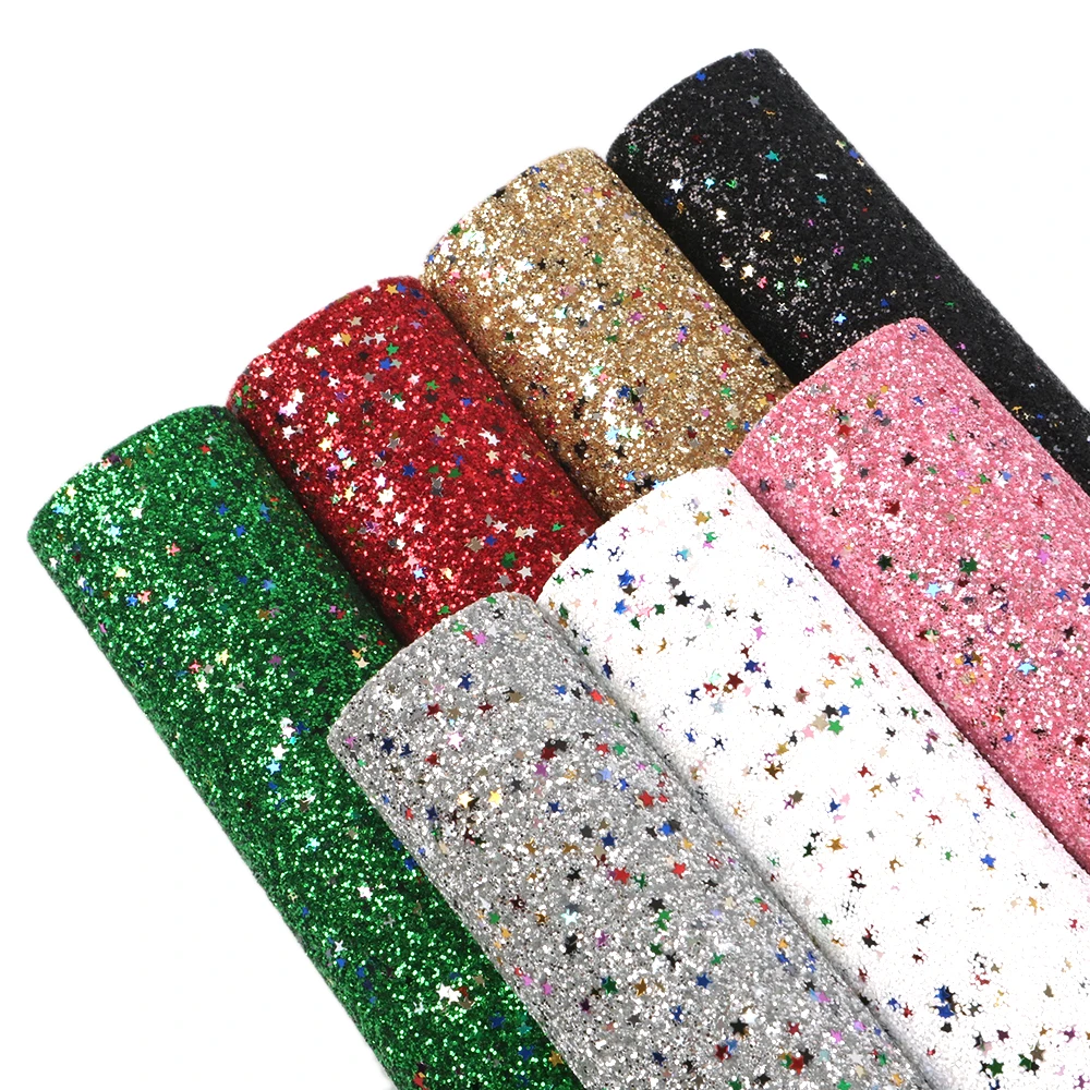 

david angie 7pcs/set 20*34cm Glitter Star Sequins Faux Synthetic Leather Fabric Set DIY Material For Garments Bag Belts,1Yc6917