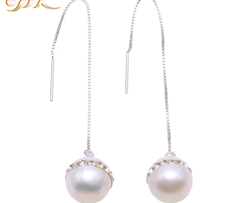 

Pearl Earrings Silver 925 Long Dangle Earrings 100% Real Natural Freshwater Pearl Earrings Dotted with Crystal Zircon-10.5mm