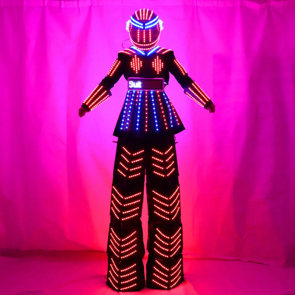 LED Luminous Stilt Women Robot Costume With LED Helmet Growing LED