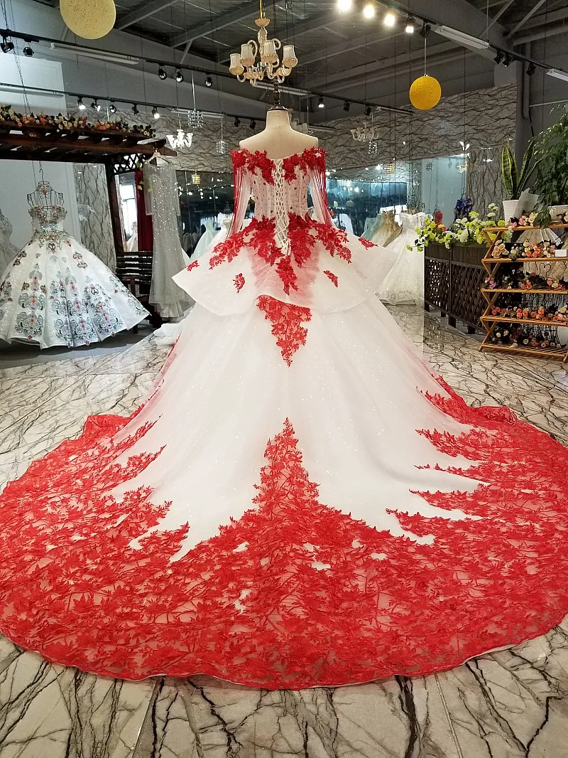 LS05410 sexy off shoulder red flowers evening dress long sleeves sweetheart evening party dresses for beauty girl quick shipping