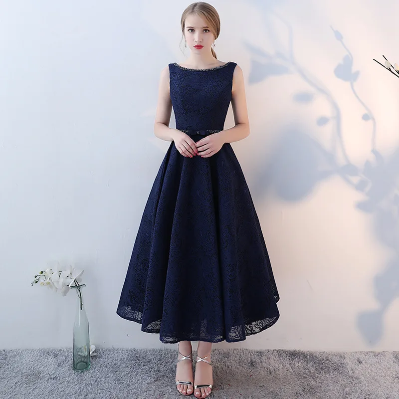 

Holievery Beading Scoop Neck Lace Evening Dresses Tea Length 2019 Midi Party Dress Elegant Prom Gowns Navy Pink Red