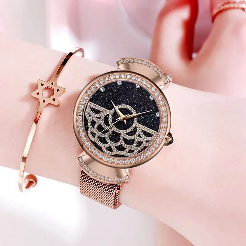 

fashion Diamond Women Watch Stainless Steel Casual Clock Round Dial Glitter Sky Star Flower Lady Wristwatch Relogio Feminino