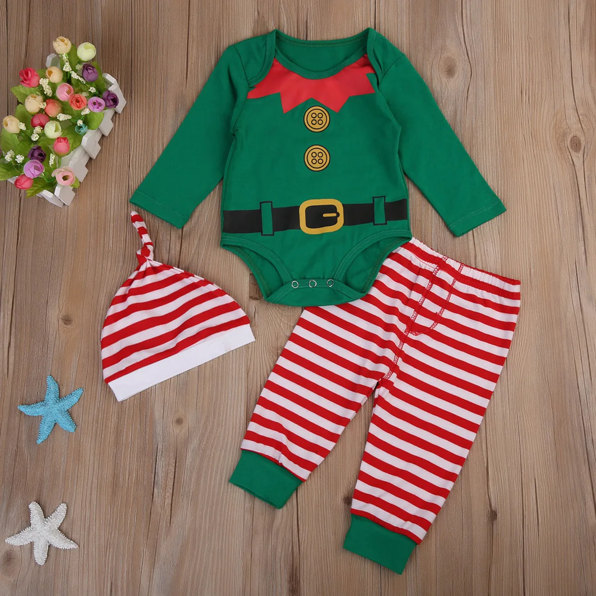 Рождественский комплект одежды из 3 предметов для малышей, боди для новорожденных мальчиков и девочек, штаны в полоску комплект одежды с шапочкой, Рождественская одежда на возраст от 0 до 24 месяцев