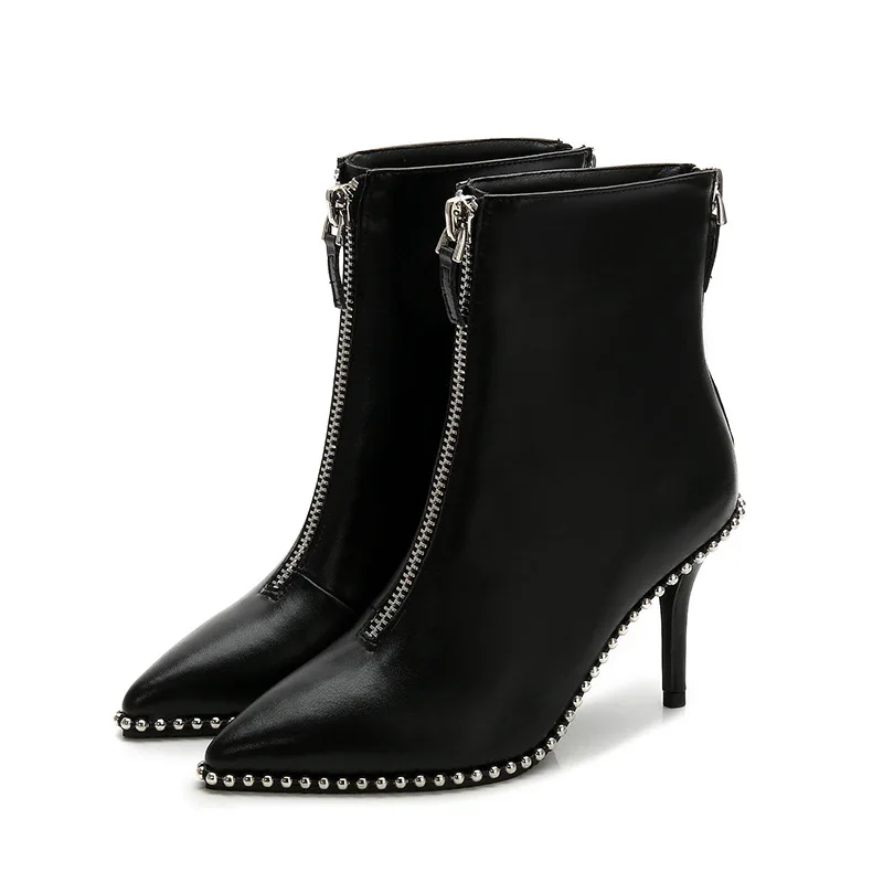 

Womens Pointed Toe Rivet Studs Central Zipper Stilettos High Heel Ankle Boots Shoes Black Red White A500