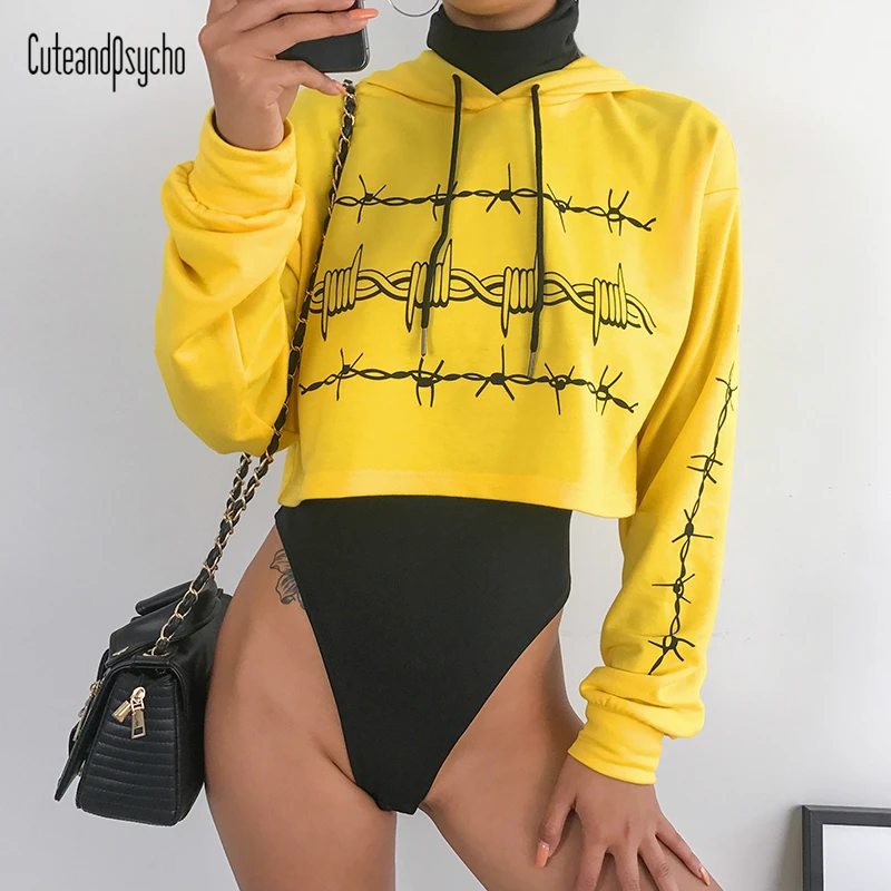 

New Long Sleeves Crop Top Hoodies Women Printed O-Neck Navel Bare Pullovers Hoodie Loose Casual Cotton Sweatshirts cuteandpsycho