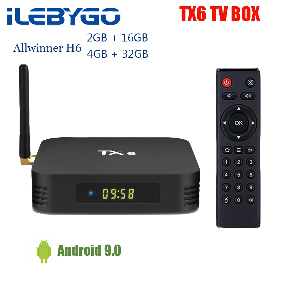 

Ilebygo Smart TV Box Android 9.0 Tanix TX6 Allwinner H6 4GB RAM 32GB ROM 32G Support 4K H.265 2.4G WiFi 2G16G Media Player