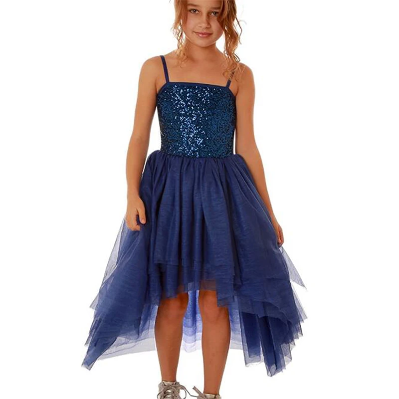 

Spaghetti Straps Sequins Royal Blue High Low Girl Party Dress Irregular Skirt Teens Flower Girl Dresses Kids Pageant Dresses