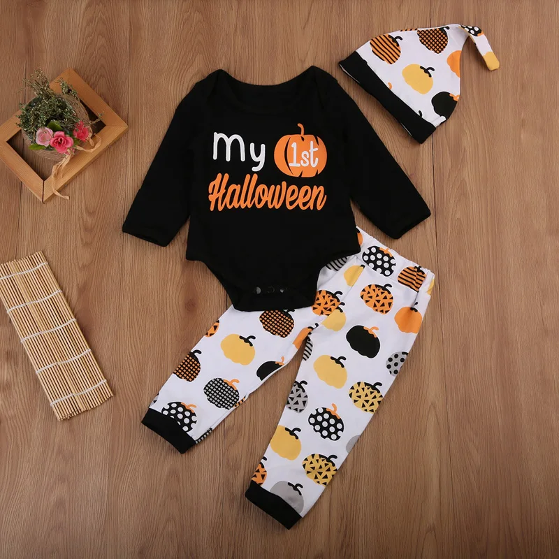 Hallowen детская одежда детская для маленьких мальчиков и девочек Комбинезон с изображением тыквы комбинезон, спортивный костюм+ штаны одежда для малышей