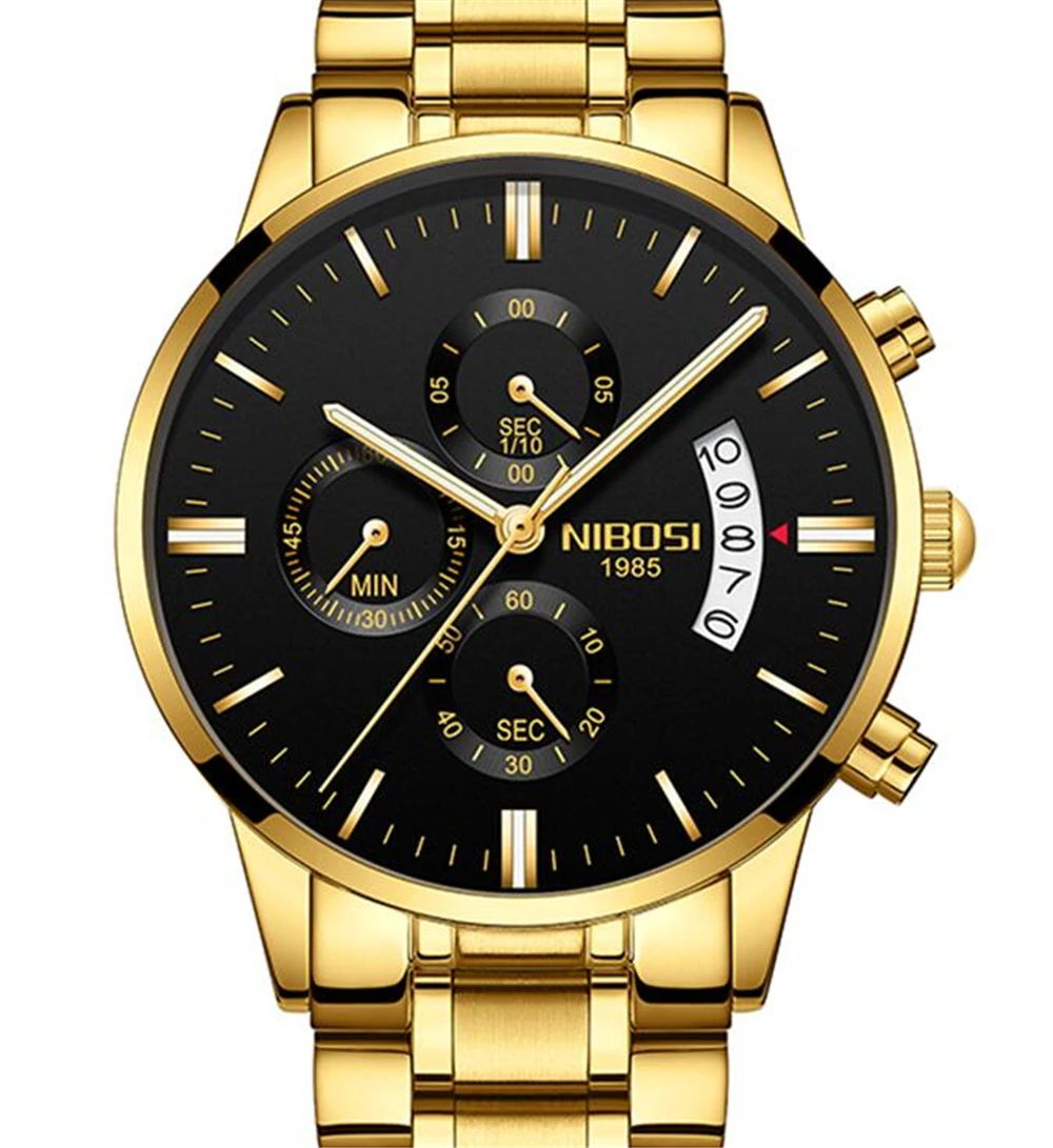 

NIBOSI Watches Men Luxury Brand Chronograph Men Business Watch Waterproof Rose Gold Full Steel Men's Quartz Watch Relogio