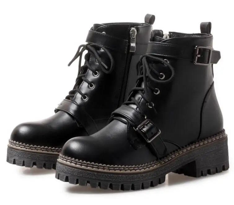 

Sapato Feminino Women Ankle Boots Boutique PU Leather Matin Shoes Woman Mid High Heels Pumps Lace Up Chaussure Booties XZ181626