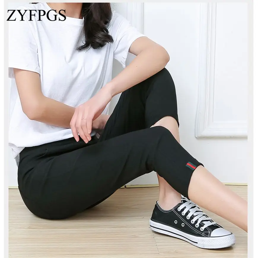 

ZYFPGS 2019 Autumn Top 6XL Woman's Pants Slim fit Basic Leggings Double White Line Oversized Black Leggings Elastic Cotton Z0723