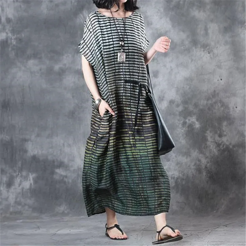 BUYKUD 2018 Summer Women Stripe Loose Casual Green Long Dress Round Neck Short Sleeve Vintage Maxi Dresses With Pockets Dresses