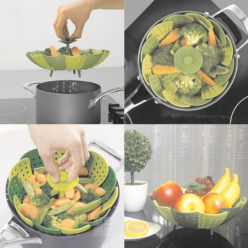 

Creative PP Foldable Lotus Steamers Fruit Vegetable Storage Basket Kitchen Steaming Gadgets Perforated Strainer Drop Water Bowl