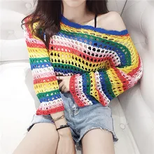 ins Rainbow Stripe Knitting Sweater Female 2019 New Long-sleeved Solid Color Women Openwork Sweater Casual Thin pullover Sweater openwork asymmetrical sweater