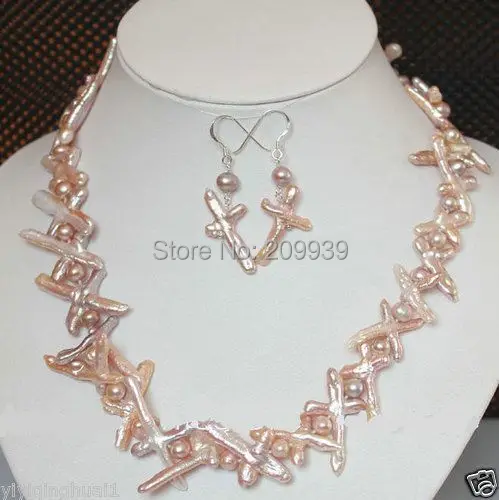 

huij 003619 Natural set cross of pink cross pearl necklace earring