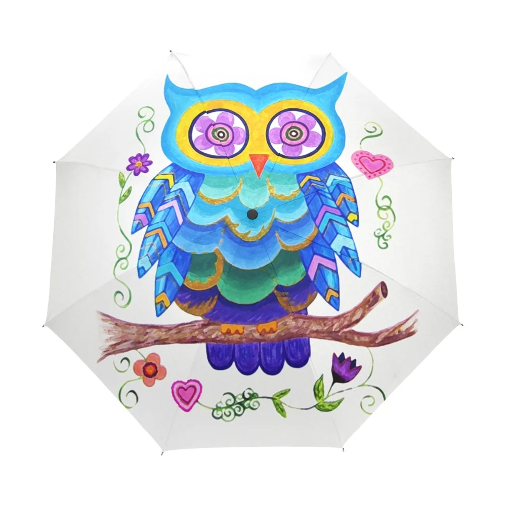 Unique Cute Owl Umbrella Full Automatic Animal Three Folding Rain Women