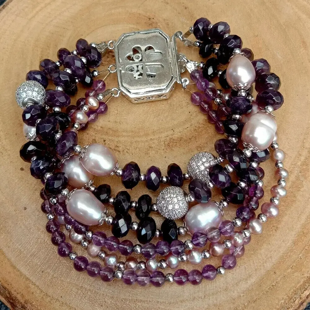 8" 6 Strands Cultured Purple Pearl Ametyst Bracelet