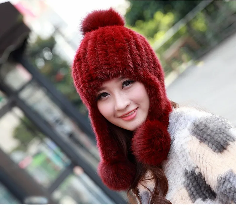 Новое подлинное натуральное вязаная норковая меховая шапка женская ручная вязка модные зимние головные уборы Береты - Цвет: wine red