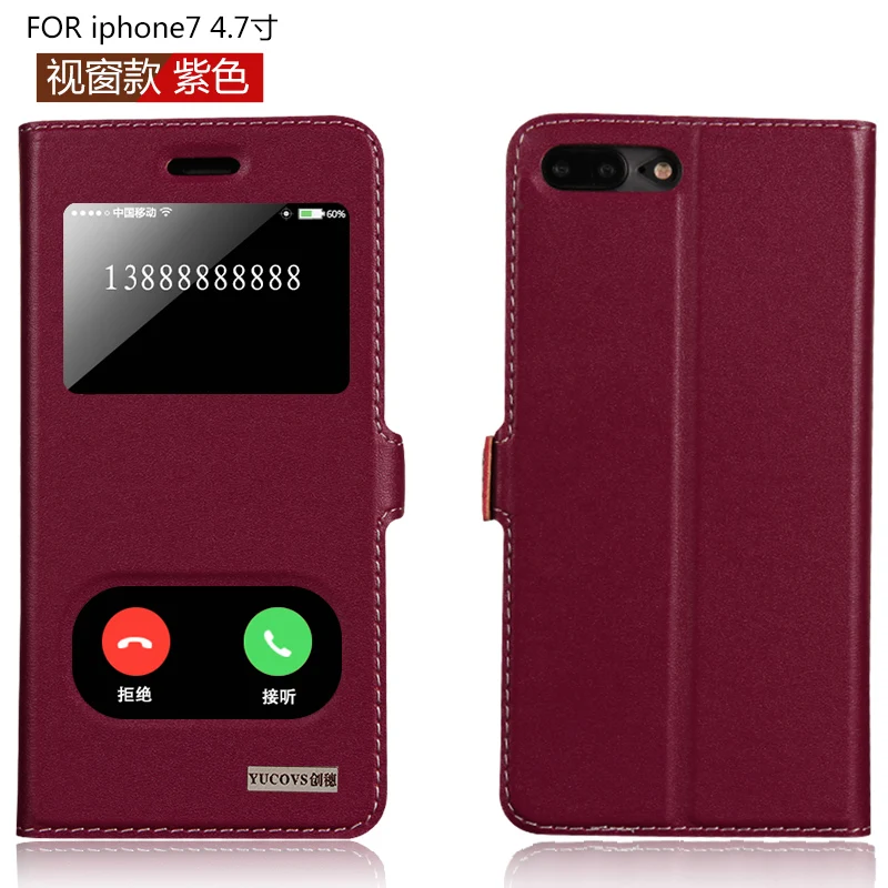

2019 Real Cow Skin Cover for iPhone 7 4.7 Inch View Window Flip case for iPhone7 inner Soft TPU Magnetic Close Genuine Cowhide