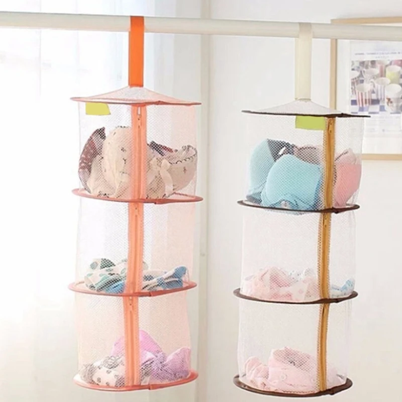 

3-layer Hanging Net Mesh Storage Basket Bag Zipper Bra Drying Basket Hanging Cage Clothes Bra Drying Organizer