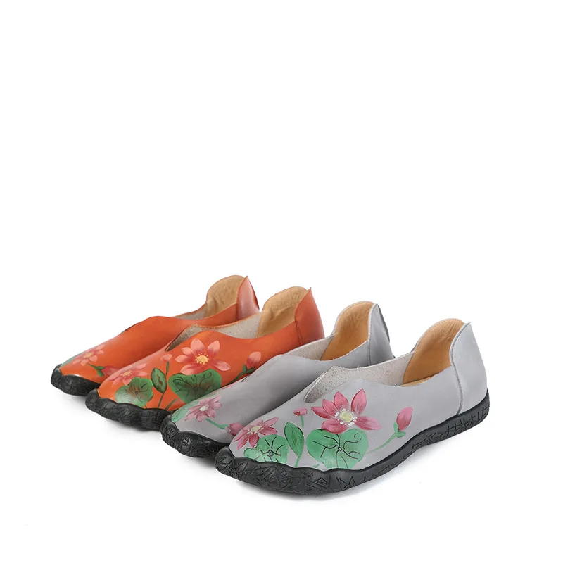 

Genuine Cow Leather Women Flats Shoes Mother Loafers With Flower Casual Slip On Soft Round Toe 2019 New Design Free Shipping