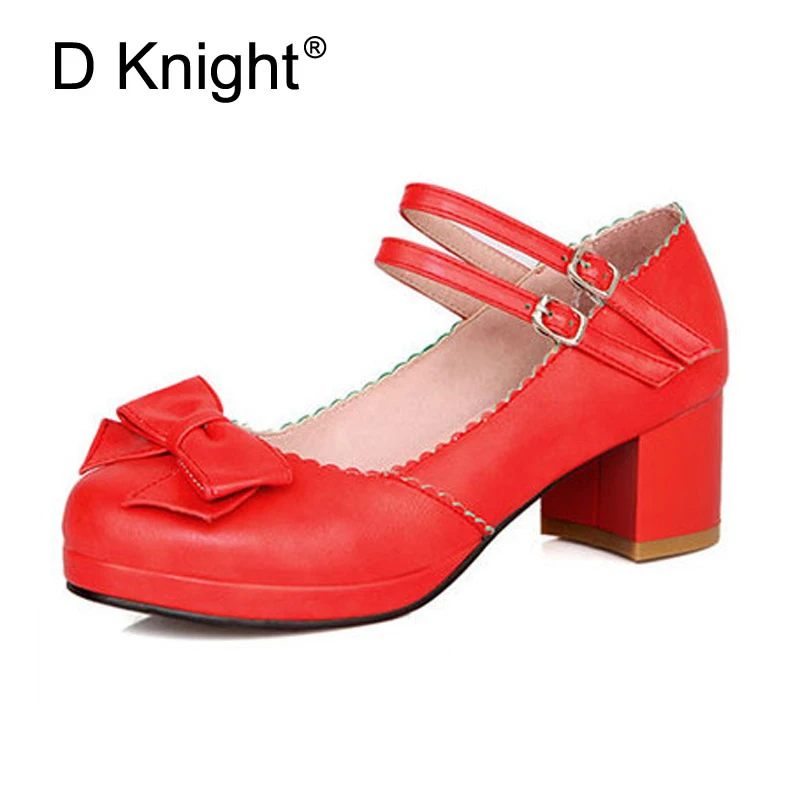 

Sweet Bowtie Women High Heels Pumps Fashion Square Heels Buckle Straps Cosplay Maid Shoes Kawaii Princess Lolita Shoes For Girls
