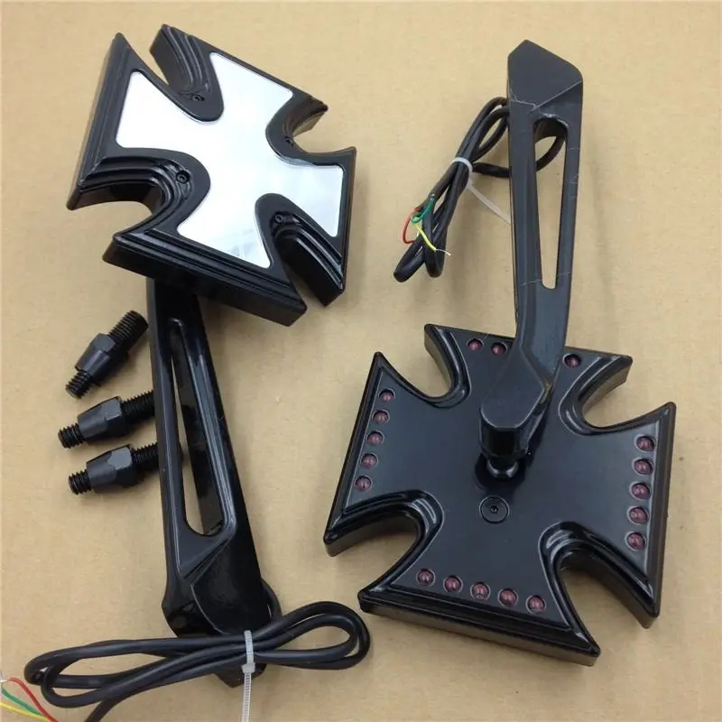  Motorcycle LED Turn Signal Integrated Side Rearview Mirrors Maltese Cross Style For Honda For Kawas - 32833104907