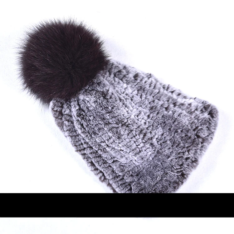Зимняя меховая шапка для женщин, настоящий мех кролика, шапка с лисьим мехом, помпоны, меховые вязаные шапочки - Цвет: NO.2 White and brown